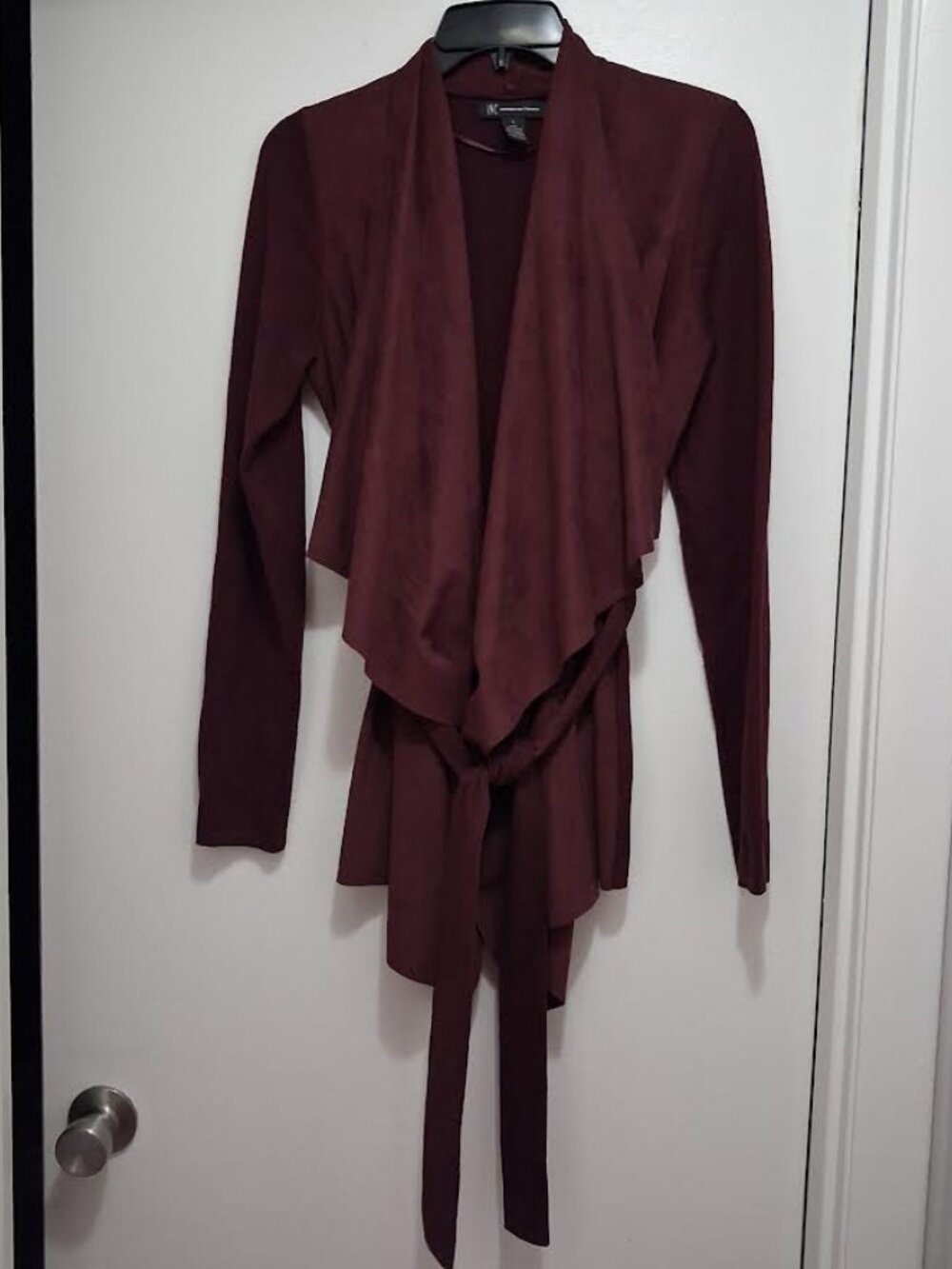 INC Burgundy Faux Suede Draped Tie-Front Wrap Cardigan S